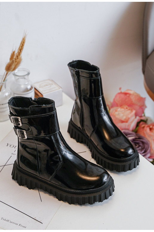 Stivali Bambini con effetto laccato con fibbie in colore nero Chloraia
