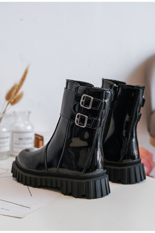 Stivali Bambini con effetto laccato con fibbie in colore nero Chloraia