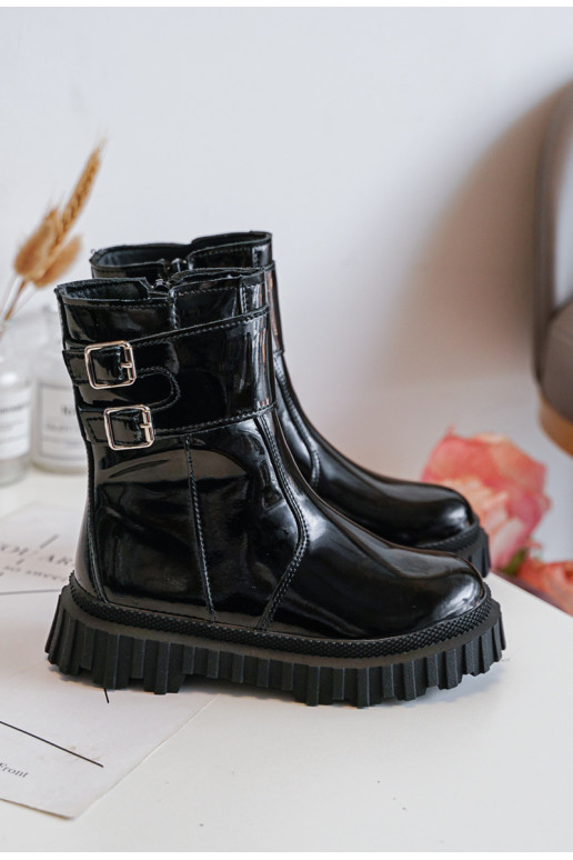 Stivali Bambini con effetto laccato con fibbie in colore nero Chloraia