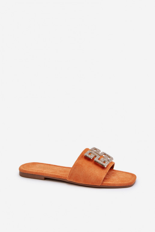 Ciabatte da donna con tacco largo con ornamenti in colore arancione Inaile