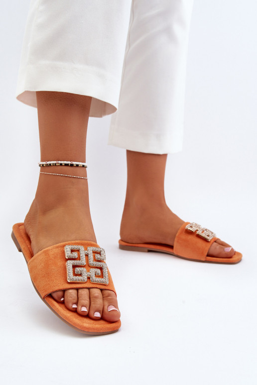 Ciabatte da donna con tacco largo con ornamenti in colore arancione Inaile