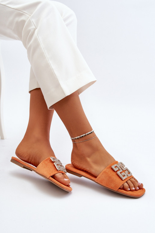Ciabatte da donna con tacco largo con ornamenti in colore arancione Inaile