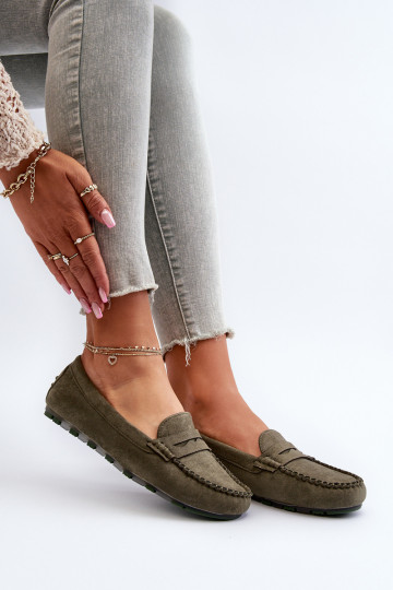 Mocassini da donna modello classico realizzati in pelle scamosciata colore kaki Glimris 2