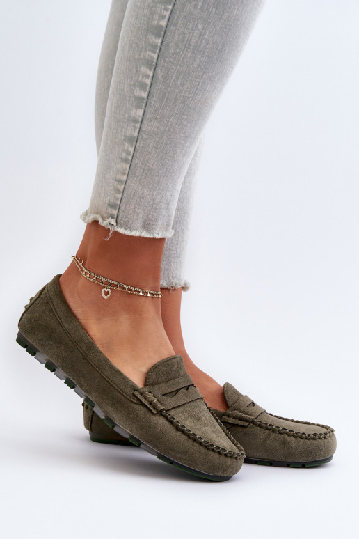 Mocassini da donna modello classico realizzati in pelle scamosciata colore kaki Glimris