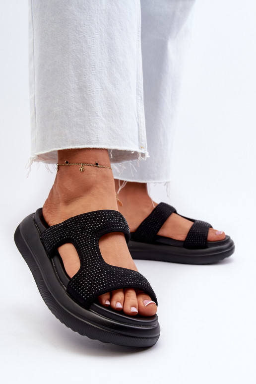 Infradito da donna decorate con plateau in colore nero Jestella