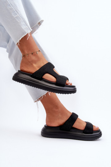 Infradito da donna decorate con plateau in colore nero Jestella 2