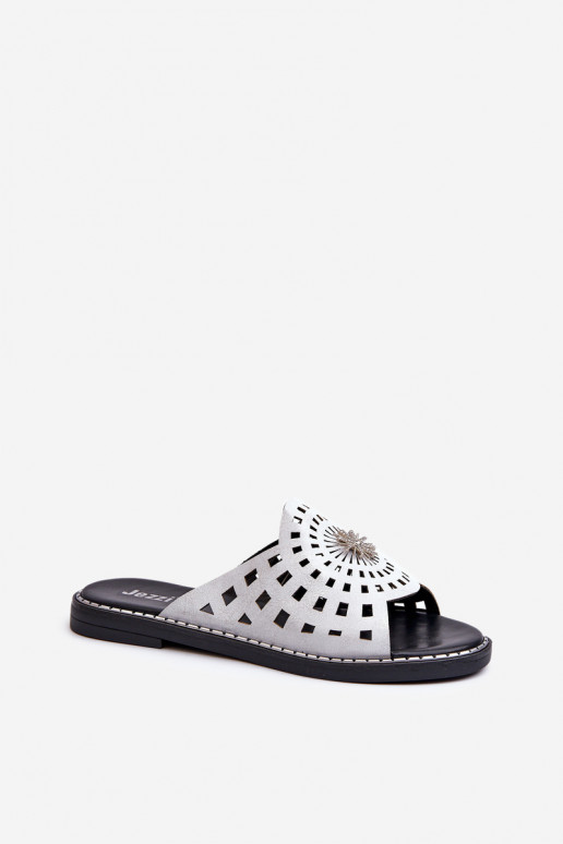 con lucentezza Pantofole da donna con tacco largo con ornamenti color argento Ebirena