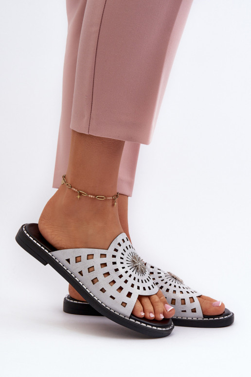 con lucentezza Pantofole da donna con tacco largo con ornamenti color argento Ebirena