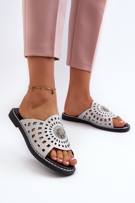 con lucentezza Pantofole da donna con tacco largo con ornamenti color argento Ebirena