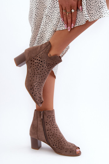 Stivali da donna con punta aperta e tacco alto in pelle scamosciata organica traforata Marrone Halania