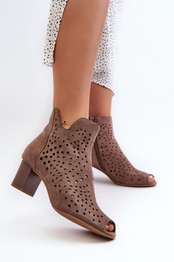 Stivali da donna con punta aperta e tacco alto in pelle scamosciata organica traforata Marrone Halania 2
