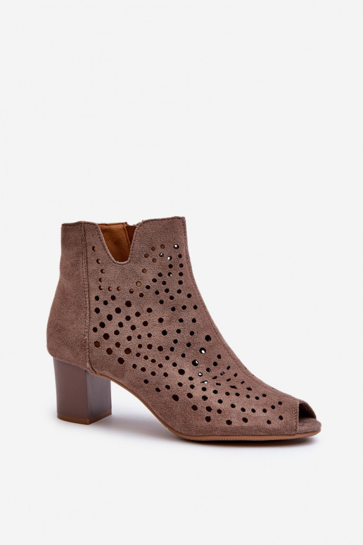 Stivali da donna con punta aperta e tacco alto in pelle scamosciata organica traforata Marrone Halania