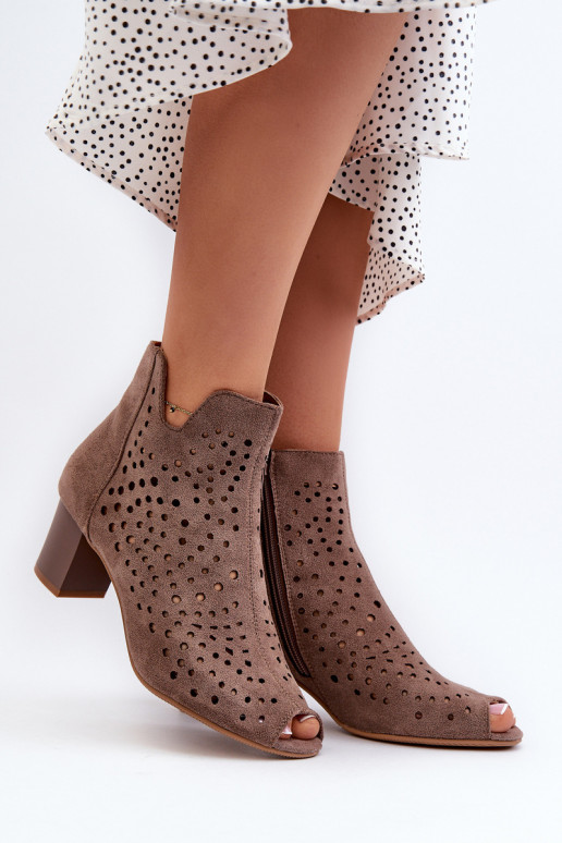 Stivali da donna con punta aperta e tacco alto in pelle scamosciata organica traforata Marrone Halania