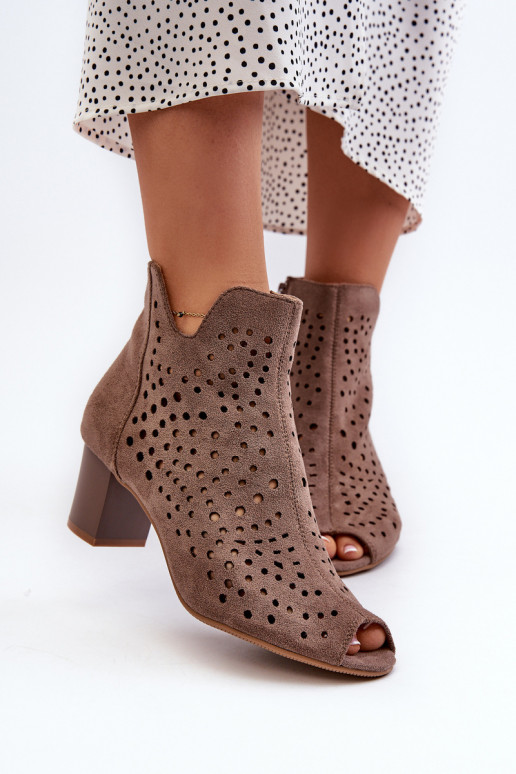 Stivali da donna con punta aperta e tacco alto in pelle scamosciata organica traforata Marrone Halania