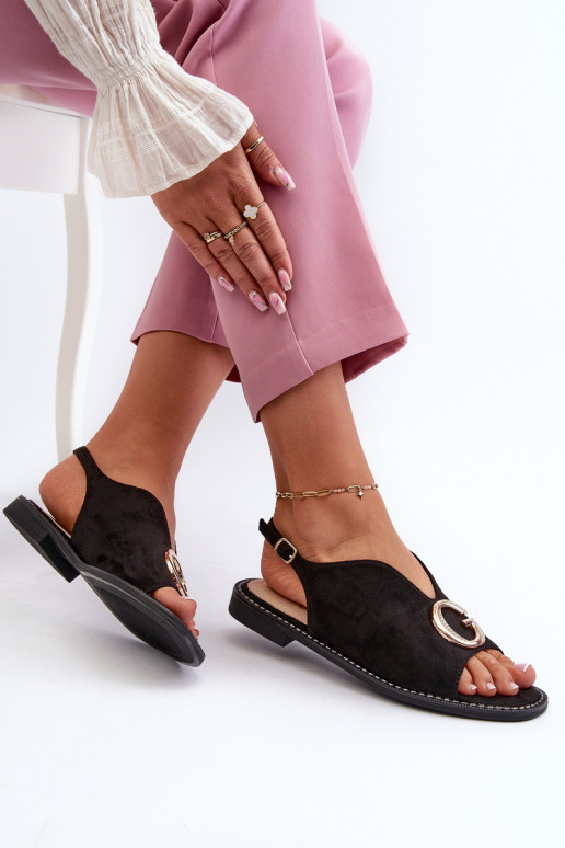 Stile elegante Sandali da donna con ornamenti realizzati in eco pelle scamosciata S.Barski KV27-058 colore nero