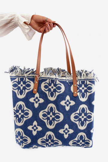 Wzorzysta Borsa a mano intrecciata/Borsa da spiaggia Blu Navy Sadhara