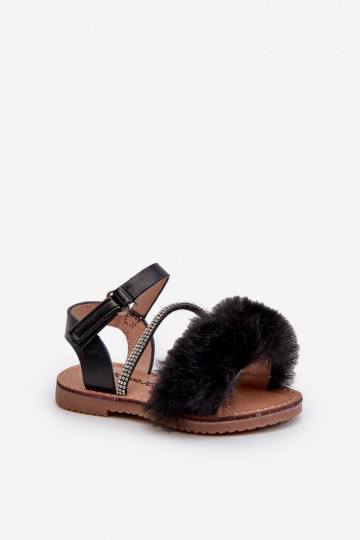 sandali Bambini con chiusure adesive con pelliccia colore nero Rosavere 2