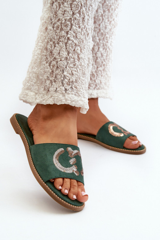 Ciabatte piatte da donna con squame lucide S.Barski KV27-052 colore verde