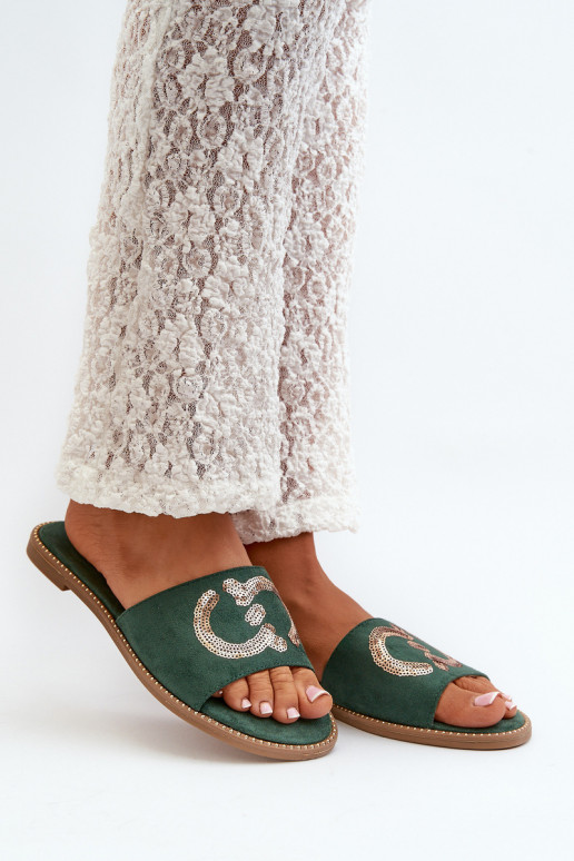 Ciabatte piatte da donna con squame lucide S.Barski KV27-052 colore verde