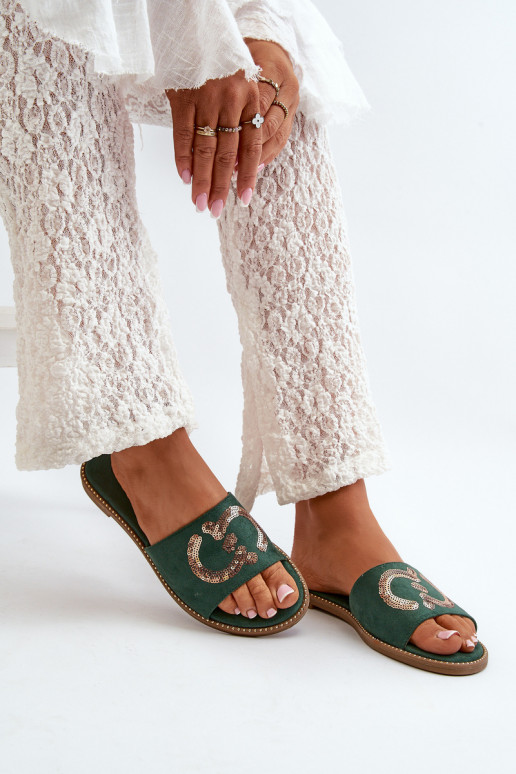 Ciabatte piatte da donna con squame lucide S.Barski KV27-052 colore verde