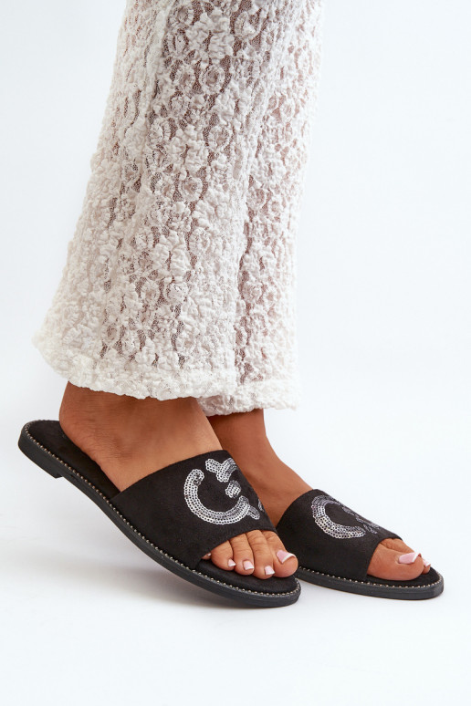 Ciabatte piatte da donna con scaglie lucide S.Barski KV27-052 colore nero