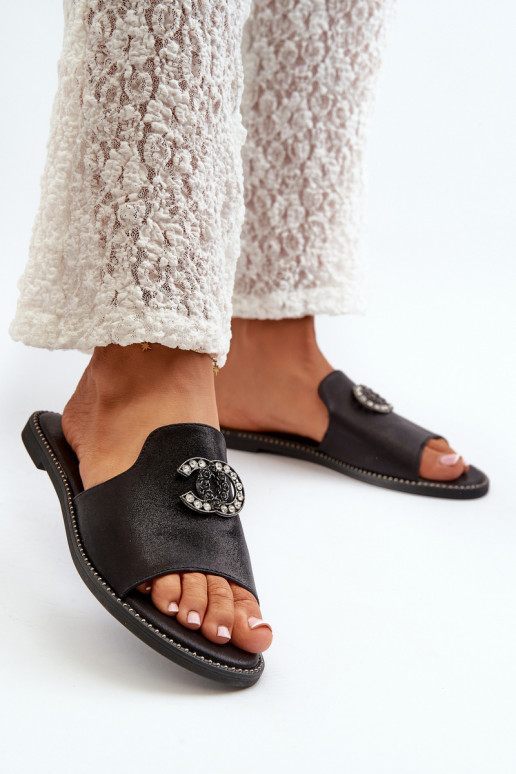 Pantofole da donna dallo stile elegante con lucentezza con ornamenti S.Barski KV27-050 colore nero