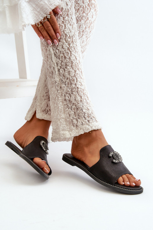 Pantofole da donna dallo stile elegante con lucentezza con ornamenti S.Barski KV27-050 colore nero