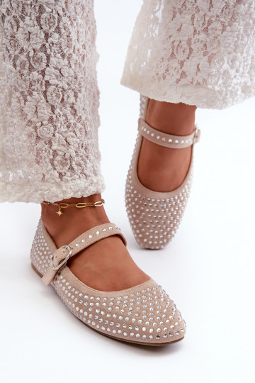 Ballerine color sabbia in suede artificiale, decorate con cristalli Tinara