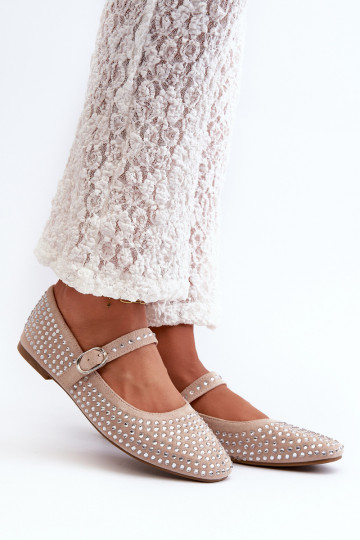 Ballerine color sabbia in suede artificiale, decorate con cristalli Tinara 2