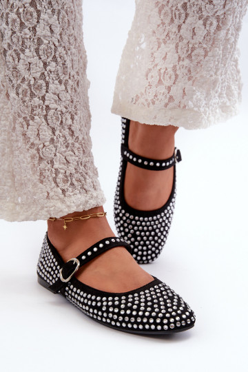 Ballerine nere in suede artificiale, decorate con cristalli Tinara