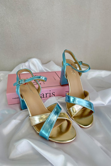 Sandali eleganti color azzurro-oro con tacco in pelle artificiale con incisione Abilica 2