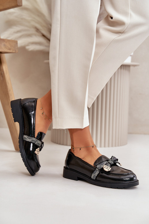 con effetto vernice Femminile Mocassini con nastri S.Barski HY42-331A colore nero con effetto vernice Femminile Mocassini con nastri S.Barski HY42-331A colore nero