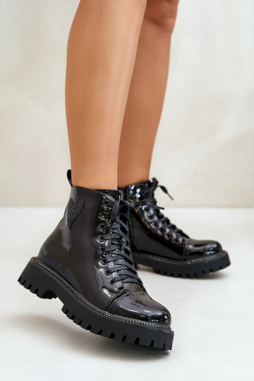 con effetto vernice Stivali da donna Al Castello Con decorazioni con i cuorim colore nero Obeena