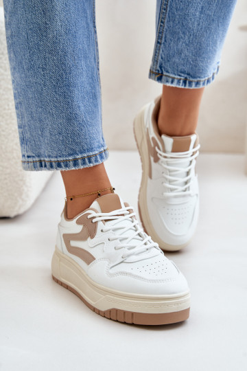 Scarpe da donna modello Sneakers realizzate in eco pelle con plateau in Henizore colore Bianco-sabbia 2