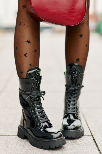 con effetto vernice riscaldamento Stivaletti da lavoro con ornamenti colore nero Kelilea