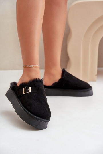Pantofole Femminile Su una suola spessa con una pelliccia I con fibbie colore nero Linneola 2