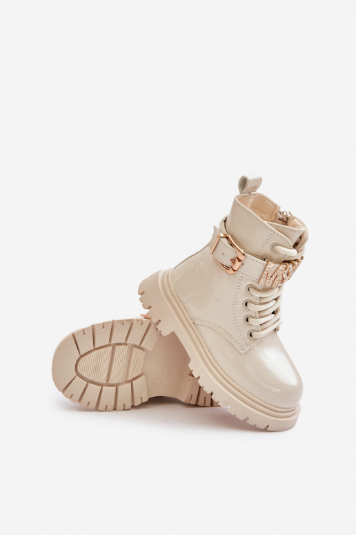 Stivali Infantile con effetto vernice riscaldamento con tacchi decorati beige Gilian Stivali Infantile con effetto vernice riscaldamento con tacchi decorati beige Gilian
