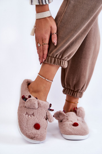 Pantofole da donna Christmas in pelliccia con renne color sabbia Clarie