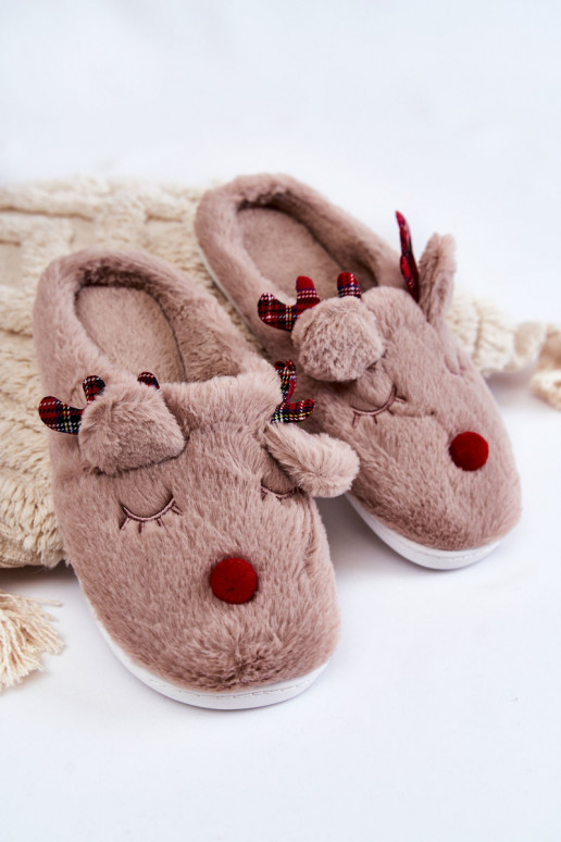 Pantofole da donna Christmas in pelliccia con renne color sabbia Clarie