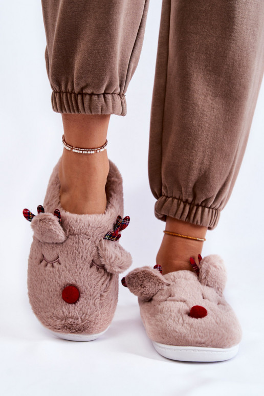 Pantofole da donna Christmas in pelliccia con renne color sabbia Clarie