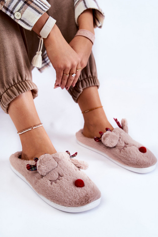 Pantofole da donna Christmas in pelliccia con renne color sabbia Clarie