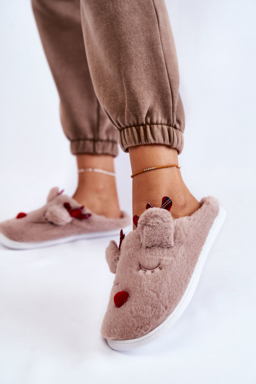 Pantofole da donna Christmas in pelliccia con renne color sabbia Clarie