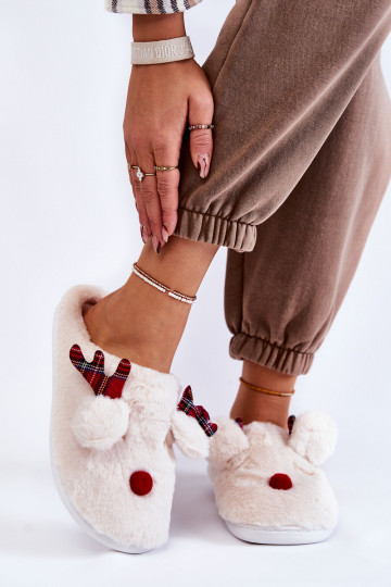 Pantofole da donna Christmas in pelliccia con renne color crema Clarie