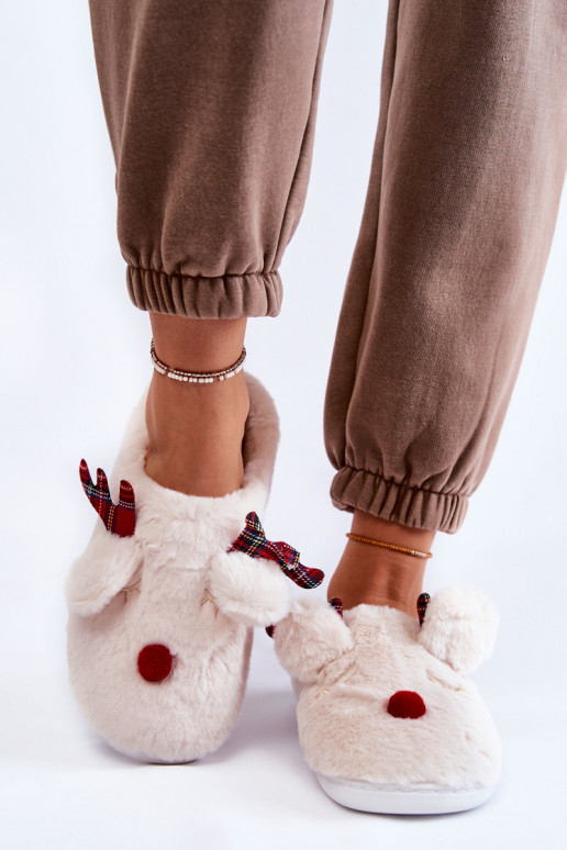Pantofole da donna Christmas in pelliccia con renne color crema Clarie