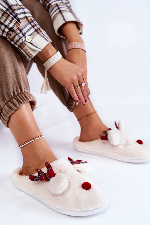 Pantofole da donna Christmas in pelliccia con renne color crema Clarie