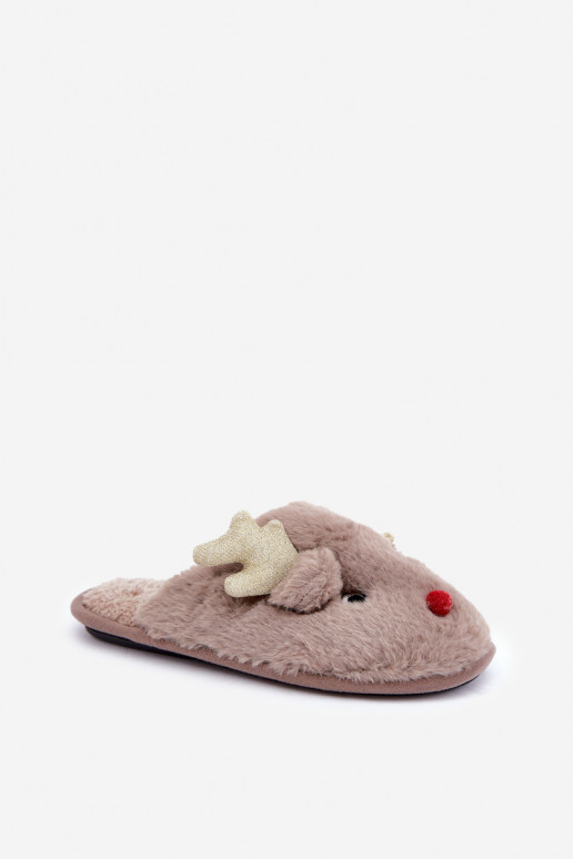 Pantofole natalizie a tema renne con pelliccia color sabbia Asielle