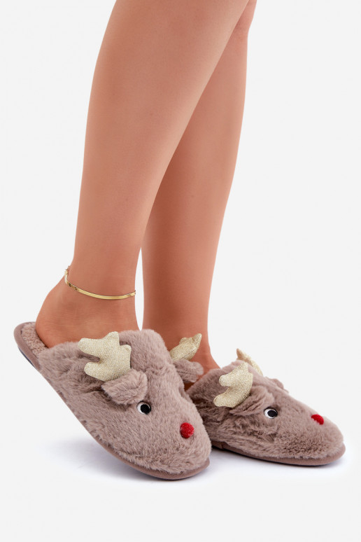 Pantofole natalizie a tema renne con pelliccia color sabbia Asielle