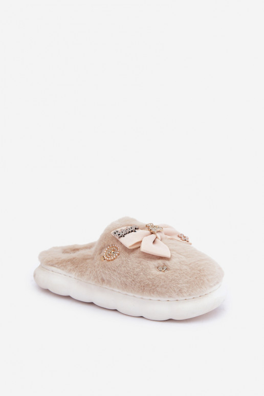Pantofole con pelliccia e fiocchi I Przypinkami color sabbia Annalira