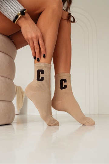 Calze di cotone da donna con lettera C beige