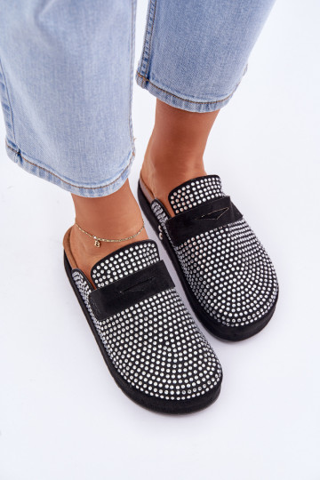 Pantofole Moteriškas decorate con zirconie con piattaforma nere Deorani